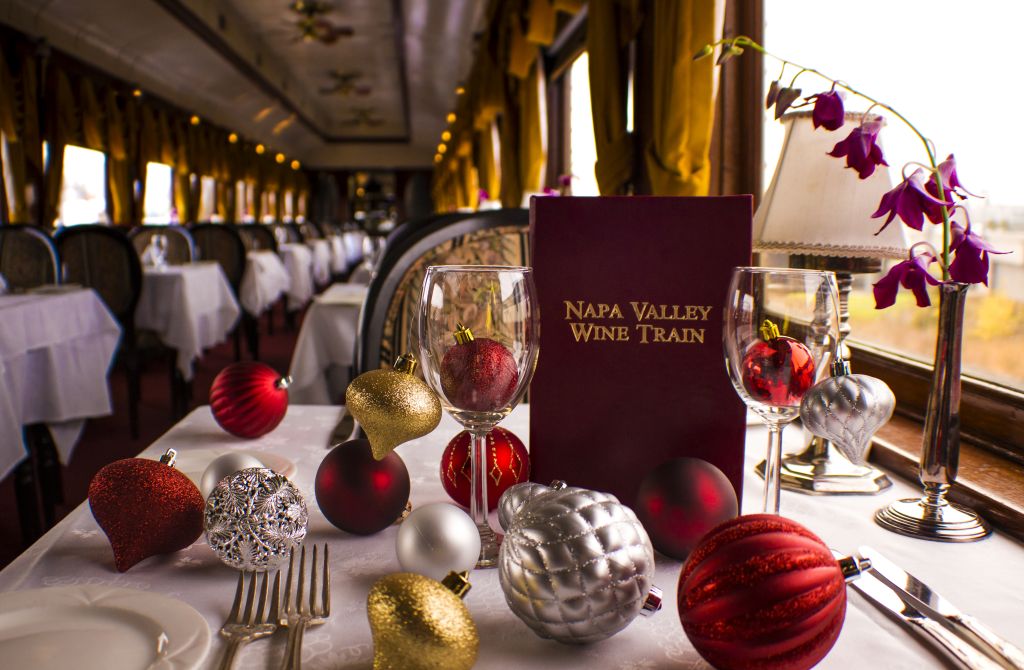 Napa Valley Wine Train menu surrounded by Christmas ornaments