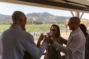 A group of four people smile and clink their glasses full of red wine together.