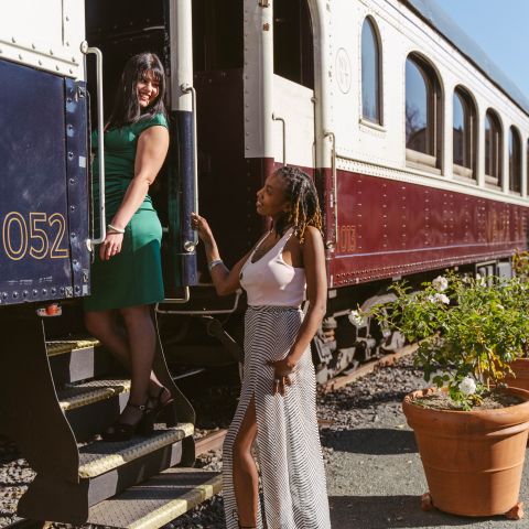 Two women look at each other, and are posed boarding the Napa Valley Wine Train. The woman on the left stands on the stairs to the train's cabin, wearing a green dress. The woman on the right is standing on the ground, weaking a flowy white pattered dress.