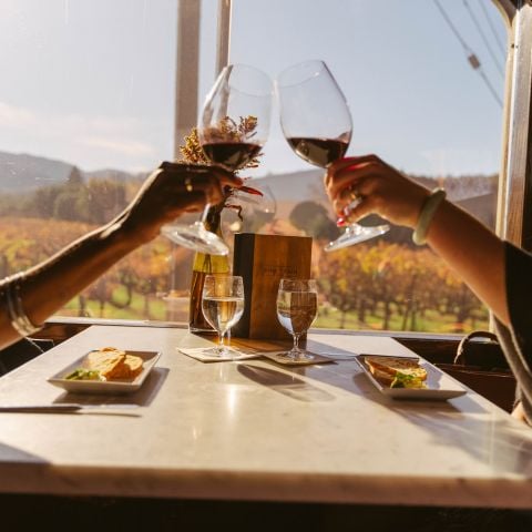 Two people sit at a table onboard the Napa Valley Wine Train. They each hold a glass of red wine, clicking their glasses together over their table.