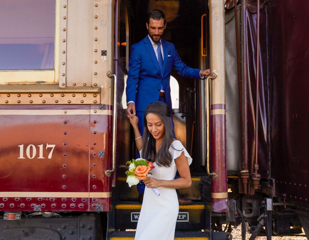 Bride and groom disembarking Wine Train