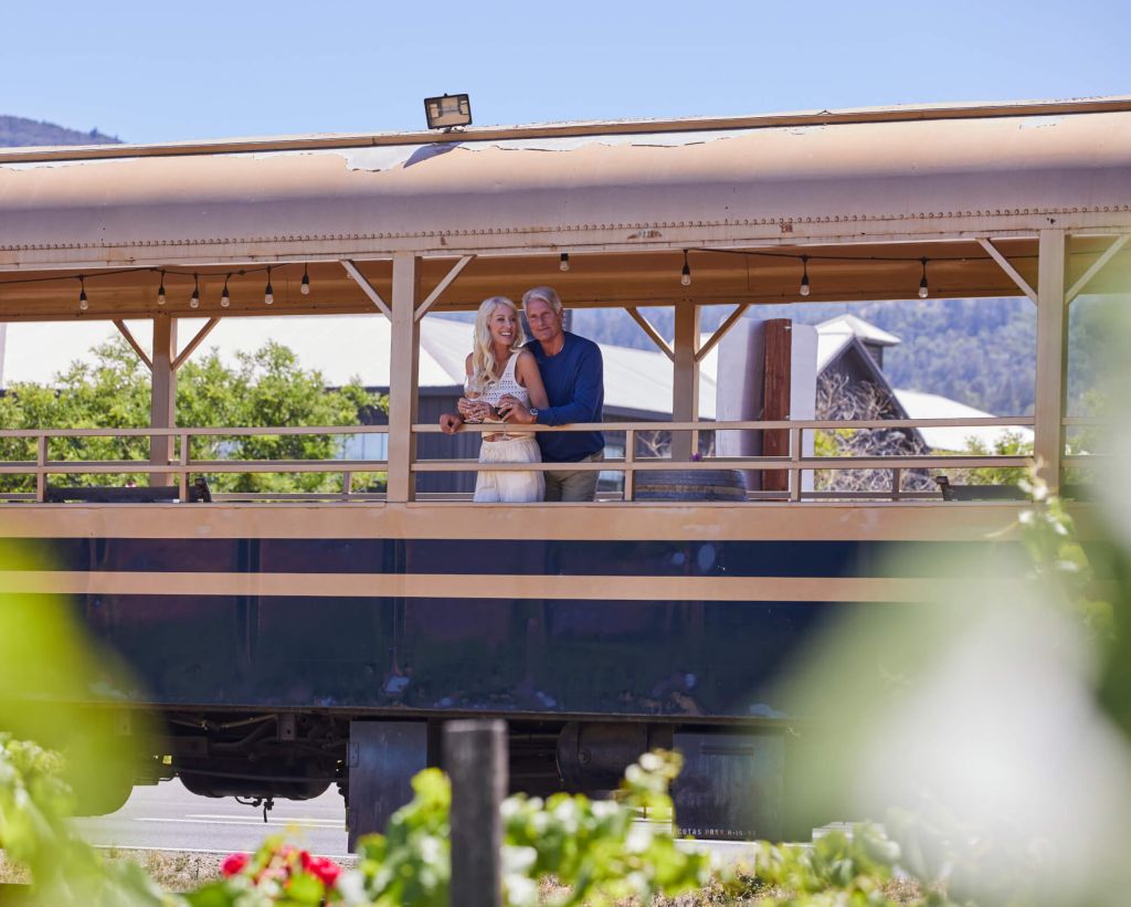 Couple enjoys wine and views from the Wine Train