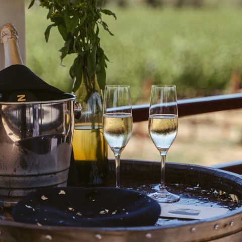 Champagne in an ice bucket with two flutes of champagne beside it.