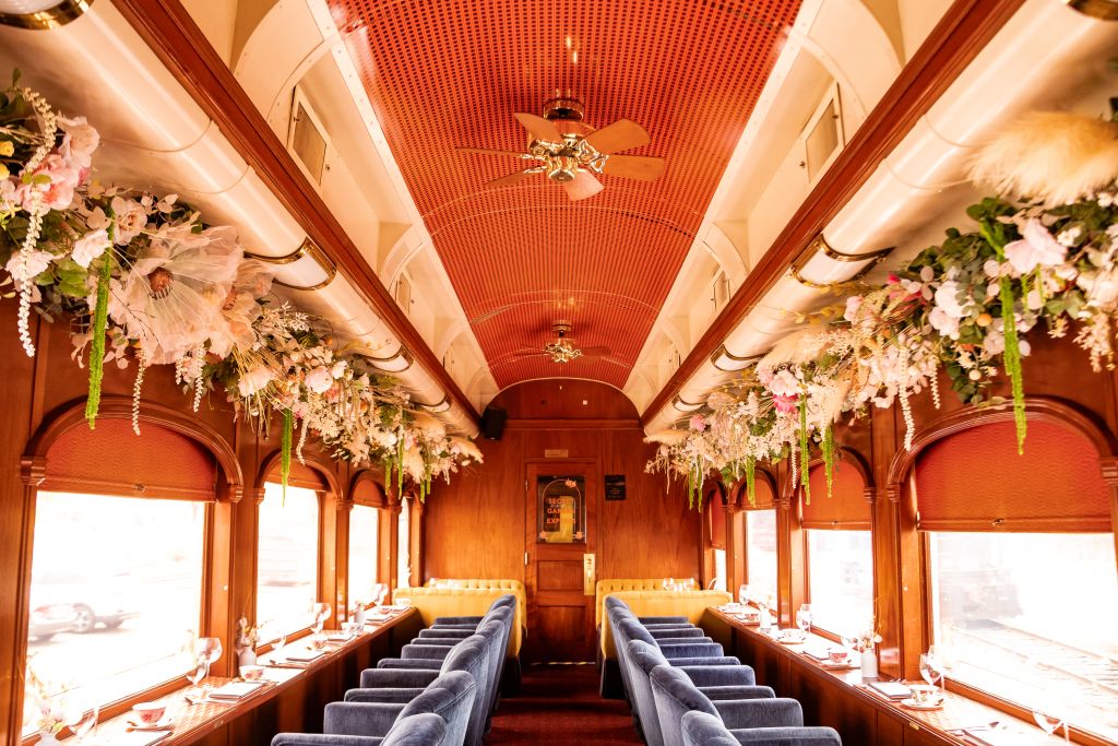 WineTrain dining car interior decorated for the Afternoon Tea event