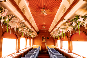 WineTrain dining car interior decorated for the Afternoon Tea event