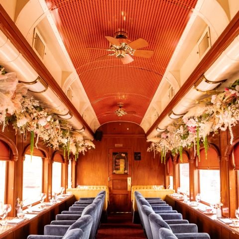 WineTrain dining car interior decorated for the Afternoon Tea event