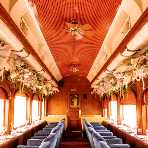 WineTrain dining car interior decorated for the Afternoon Tea event