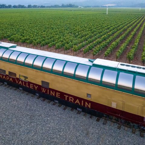 Aerial view of Wine Train passing vineyards