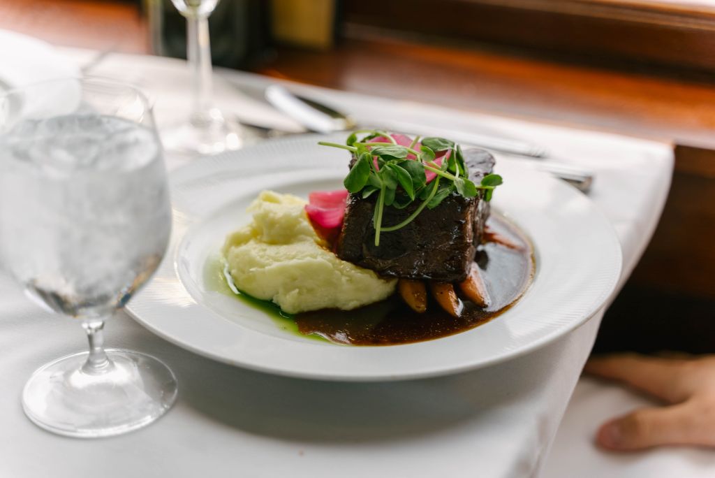 Professionally plated Steak and mashed potatoes