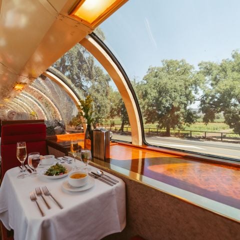 Dining table with food and wine pairing