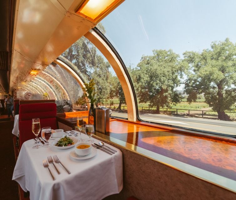 Dining table with food and wine pairing