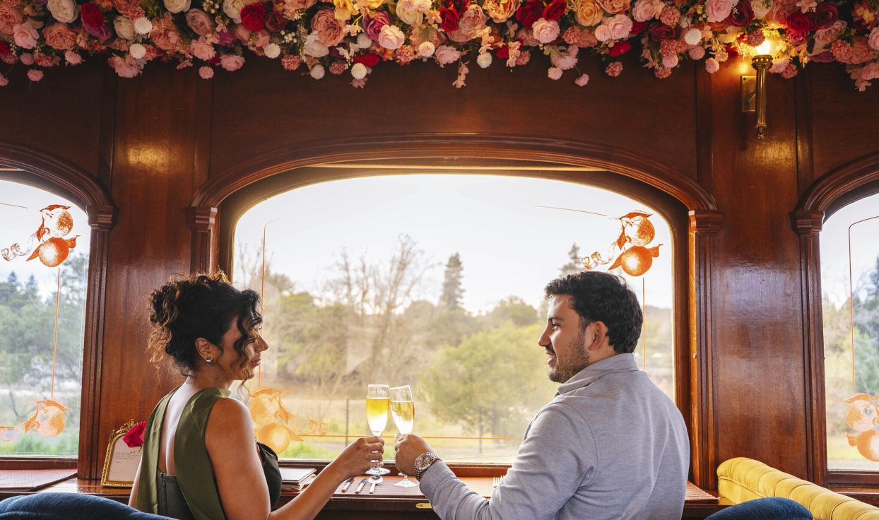 The Love Line Napa Valley Wine Train two people sitting at the train window