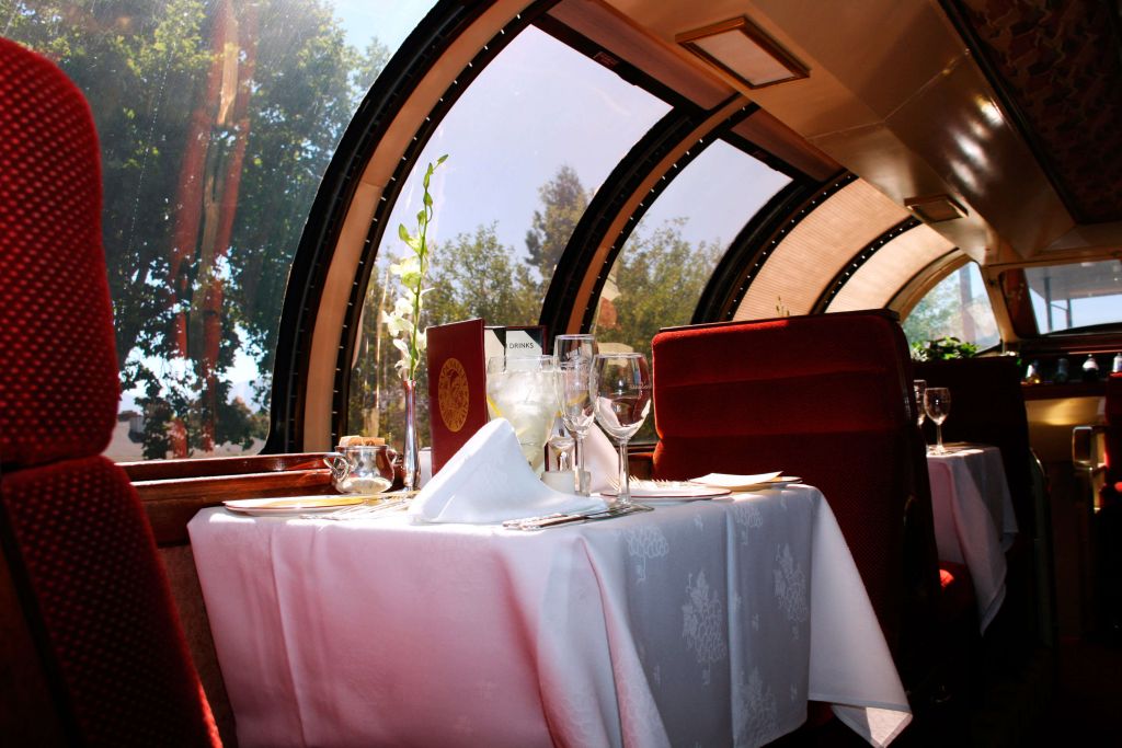 Interior of the domed glass roof dining car on Napa Valley Wine Train