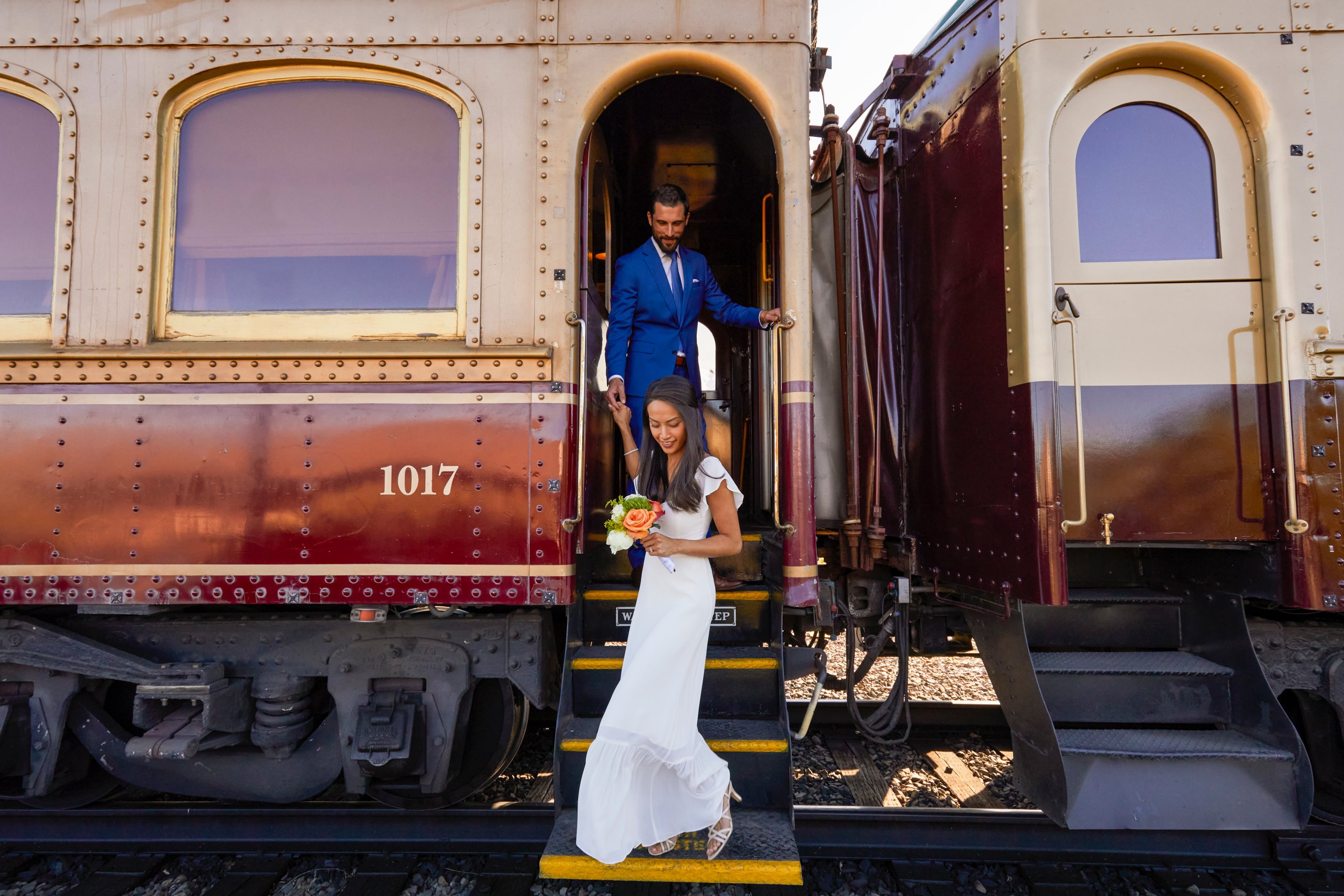 Bride and groom as they disembark the Wine Train
