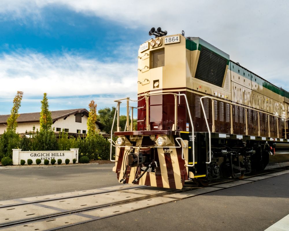 Wine Train front exterior in front of Grgich Hills Estate