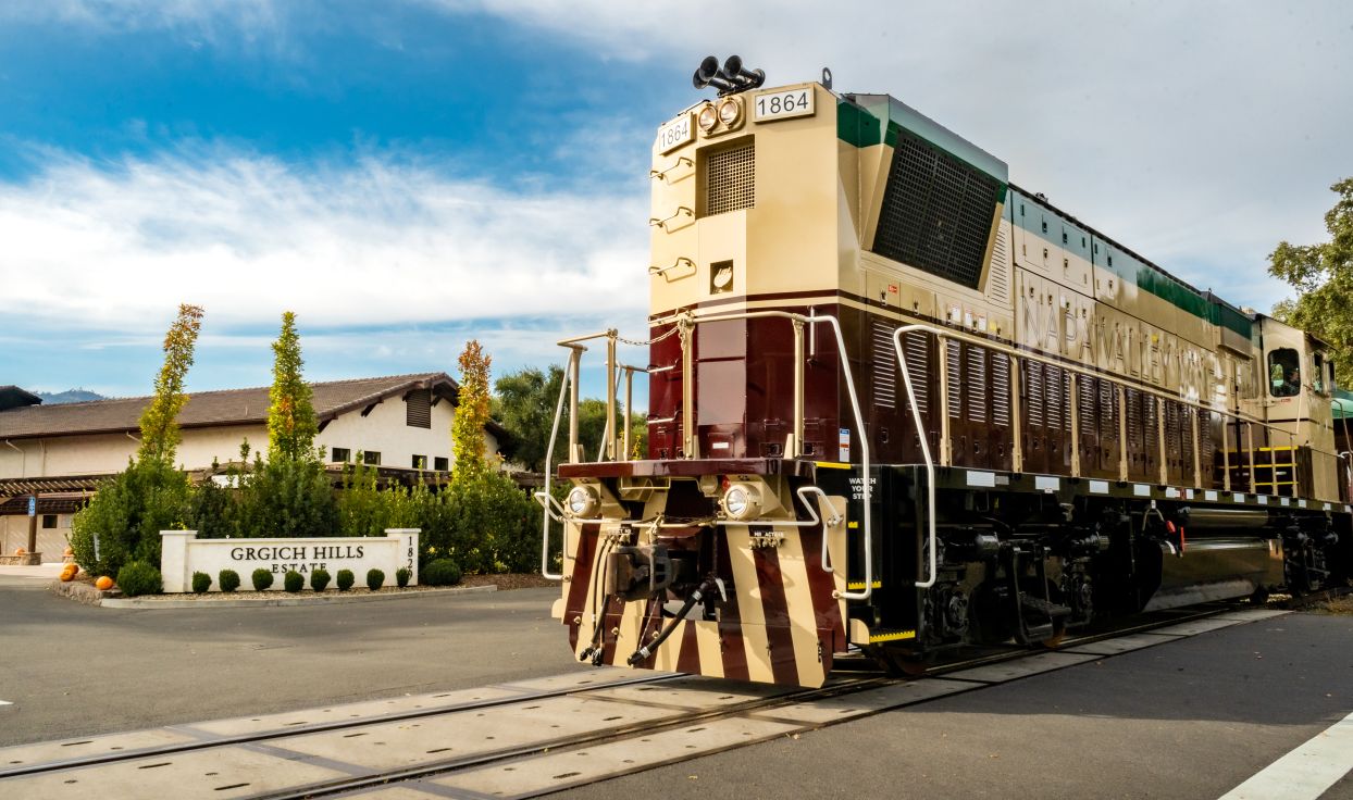 Wine Train front exterior in front of Grgich Hills Estate