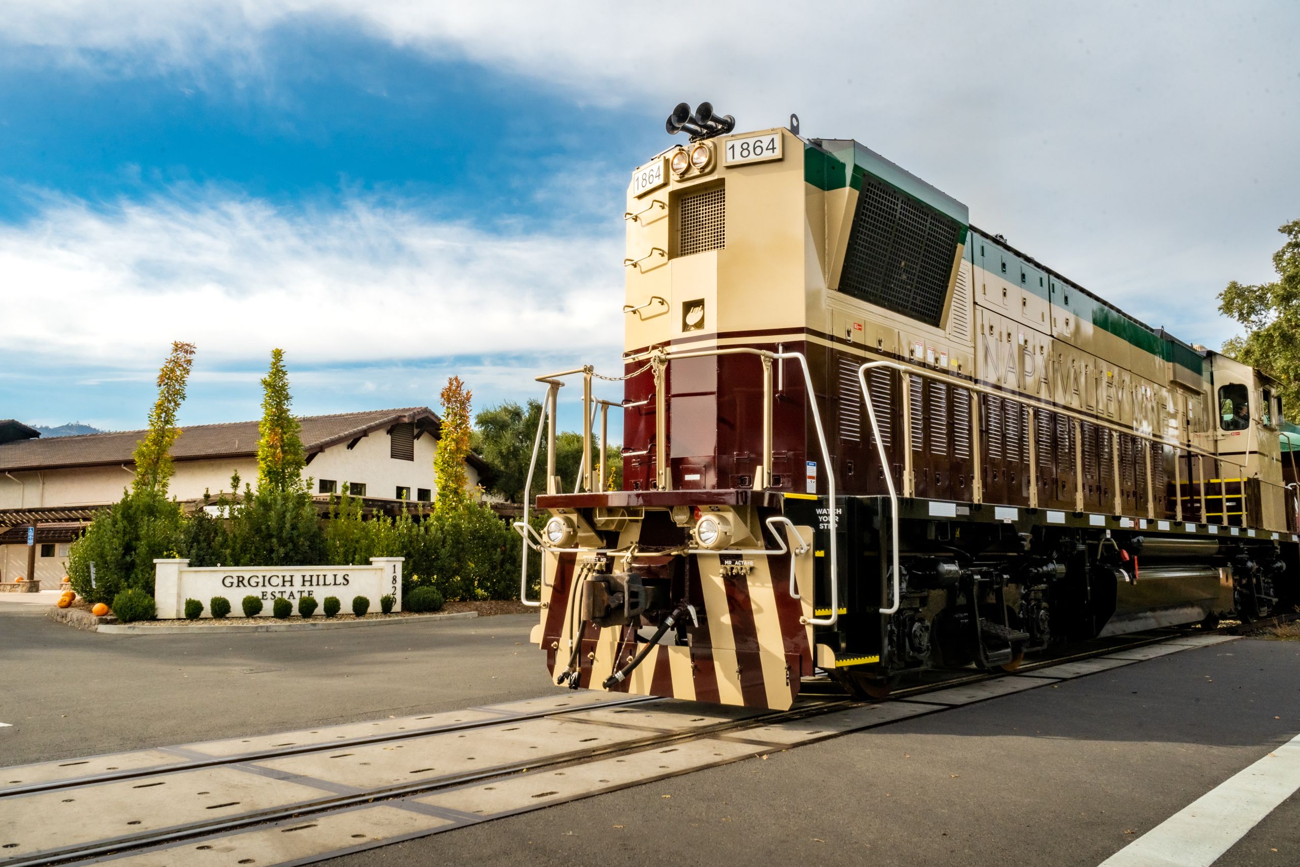 Wine Train front exterior in front of Grgich Hills Estate