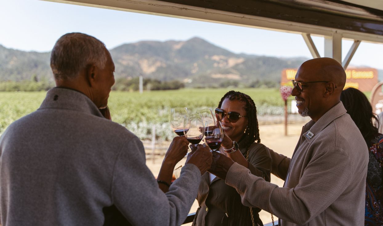 A group of four people smile and clink their glasses full of red wine together.