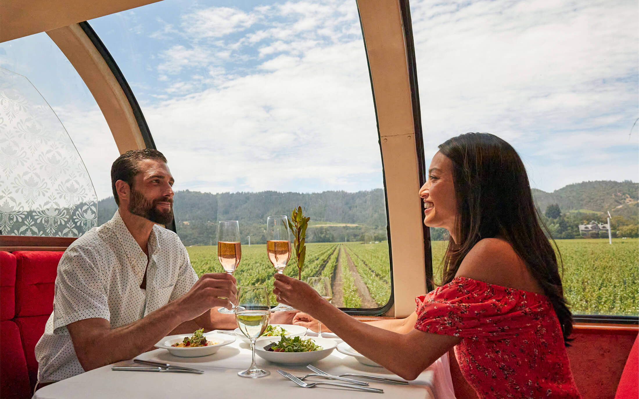 Couple raise their wine glasses in toast