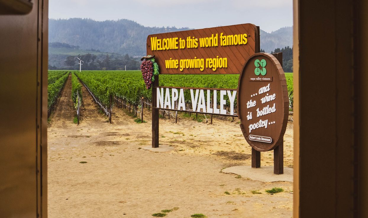 A wooden sign overlooking a vineyard. The sign says 