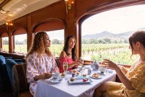 Three woman conversing over dinner with wine