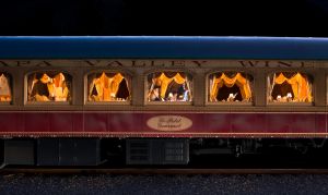 Napa Valley Wine Train at night with the cabin lit up