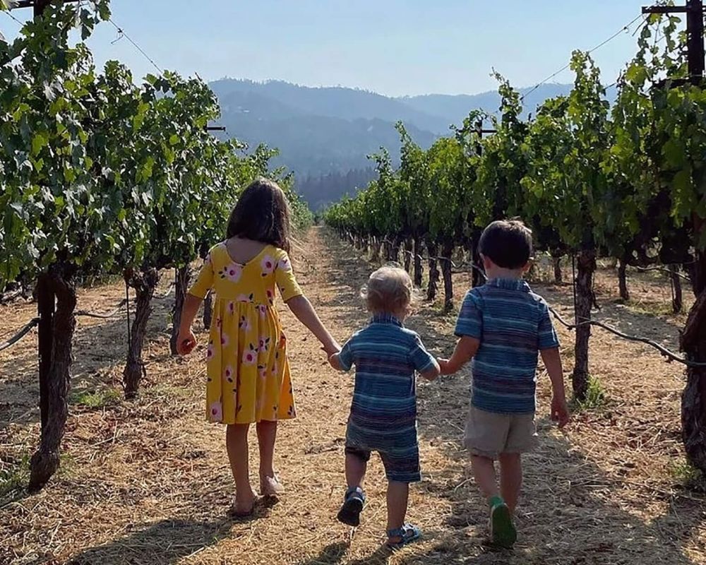 Three children hold hands while walking through vineyard