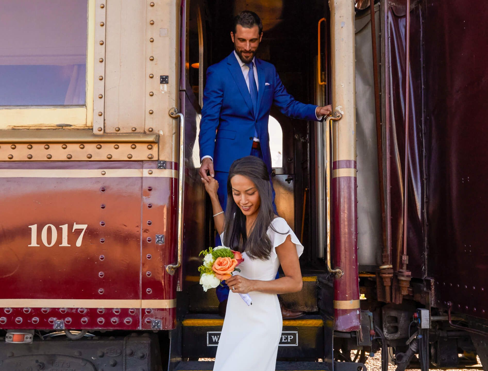 Bride and groom disembarking Wine Train