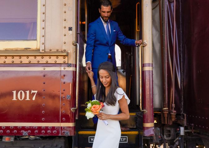 Bride and groom disembarking Wine Train