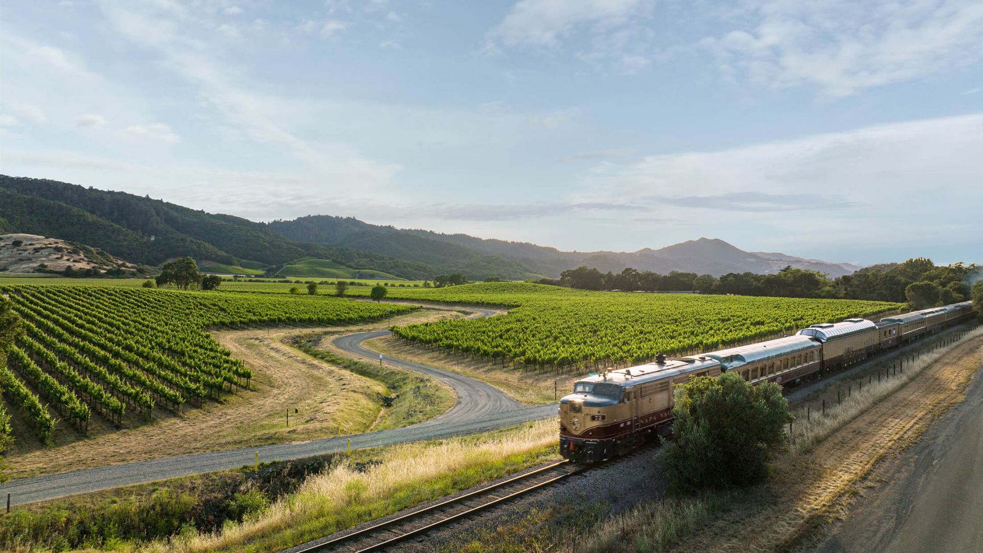 Aerial shot of Wine Train passing through Vineyards