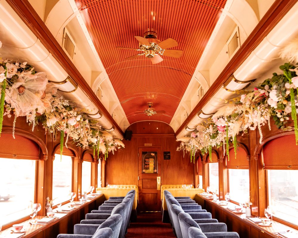 WineTrain dining car interior decorated for the Afternoon Tea event
