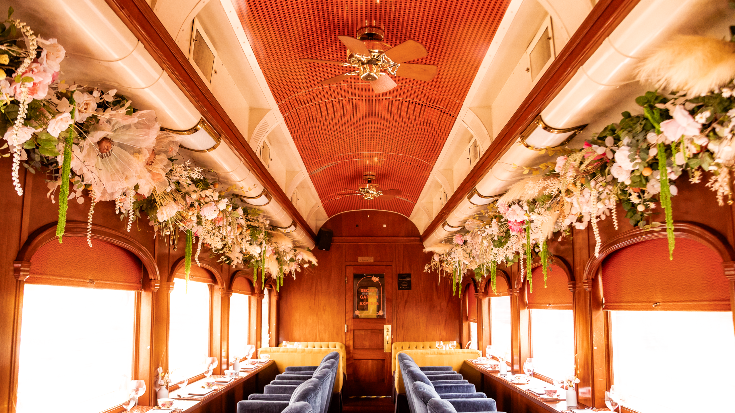 WineTrain dining car interior decorated for the Afternoon Tea event