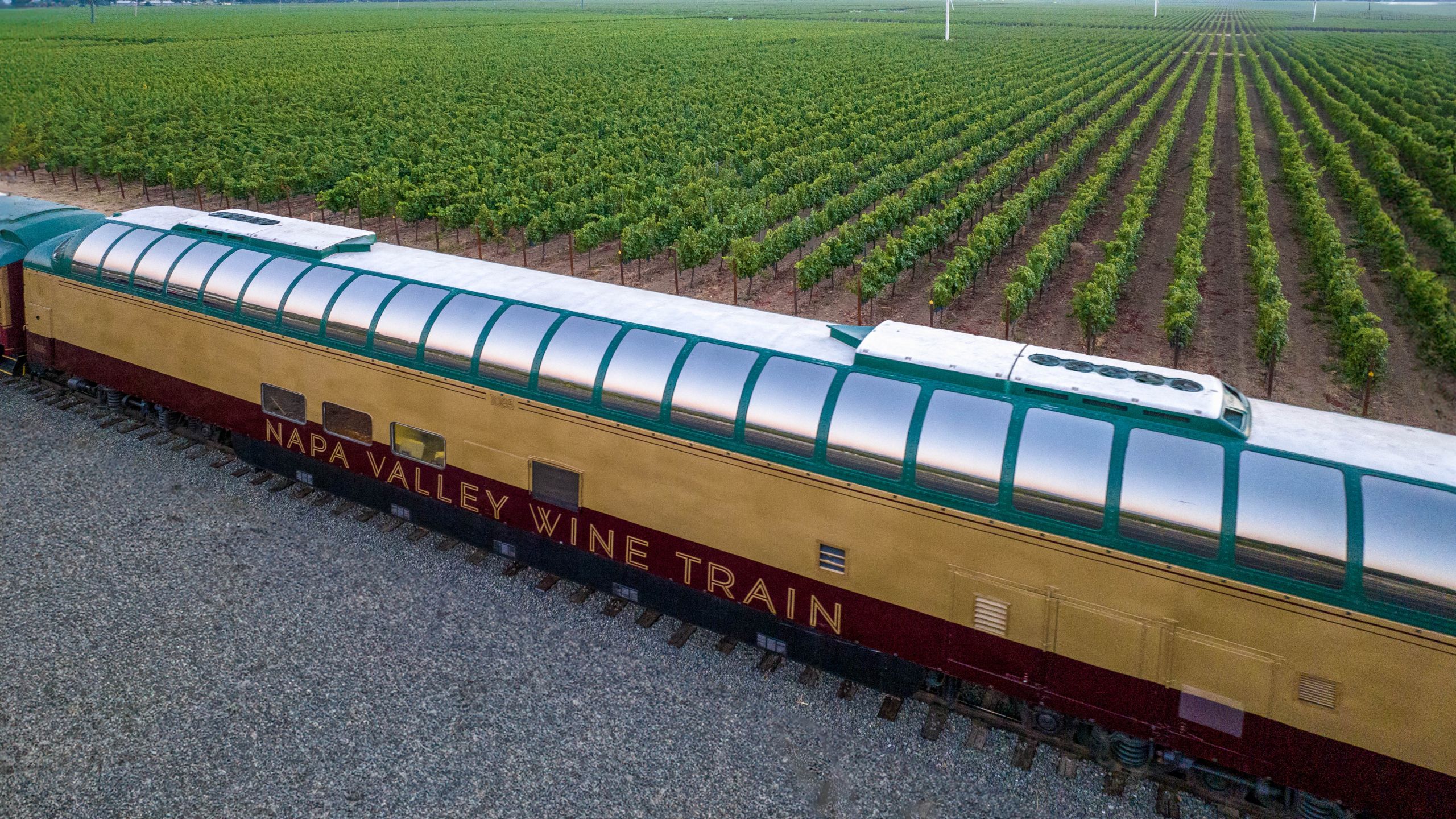 Aerial view of Wine Train passing vineyards