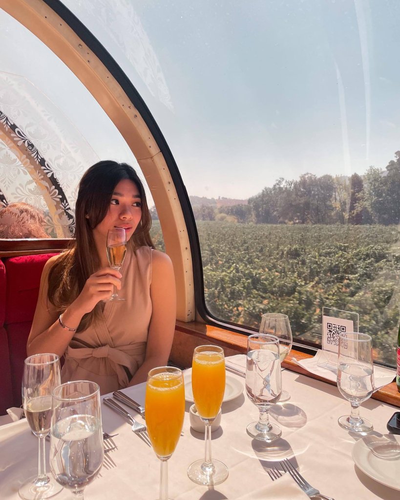 Woman sipping wine looks out at vineyards