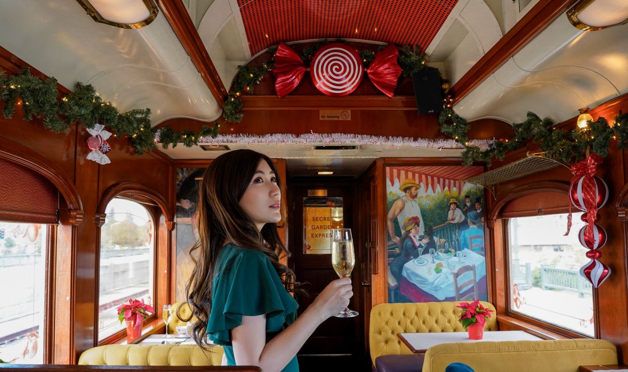A woman admires the holiday decor