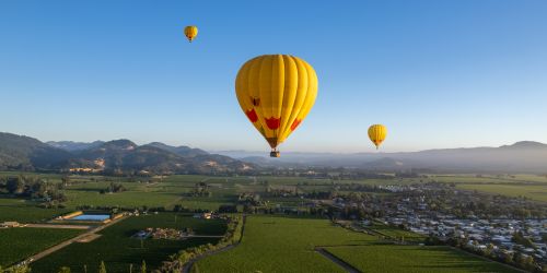 Hot air balloons fly over the vineyards
